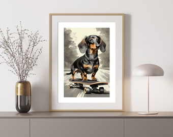 Dachshund on Skateboard Art Print: Funny Home Decor