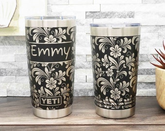 Laser Engraved YETI® or Polar Camel Tumbler with Flowering Vine Wrap-A