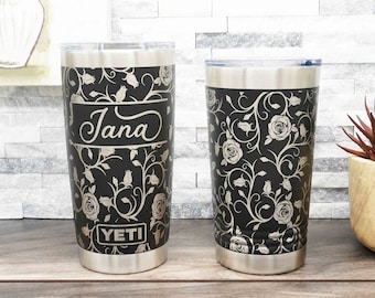Personalized YETI® or Polar Camel Tumbler Laser Engraved with Rose Wrap-Around Design