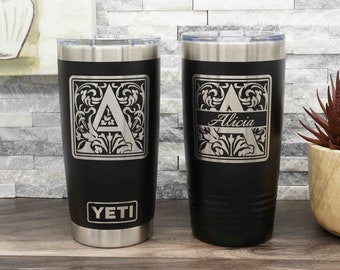 Personalized YETI® or Polar Camel Tumbler Laser Engraved with Patterned Monogram Letter
