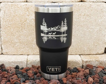 Laser Engraved YETI® or Polar Camel Tumbler - Lake with Deer Scene - Lake Life