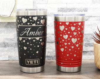 Personalized YETI® or Polar Camel Tumbler Laser Engraved with Hearts Wrap-Around Design
