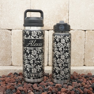 Personalized YETI® or Polar Camel Water Bottle Laser Engraved with Hibiscus Flower Wrap-Around Design