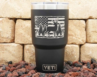 Personalized Deer Hunting YETI® or Polar Camel Tumbler - Laser Engraved Deer with American Flag Outdoors Scene