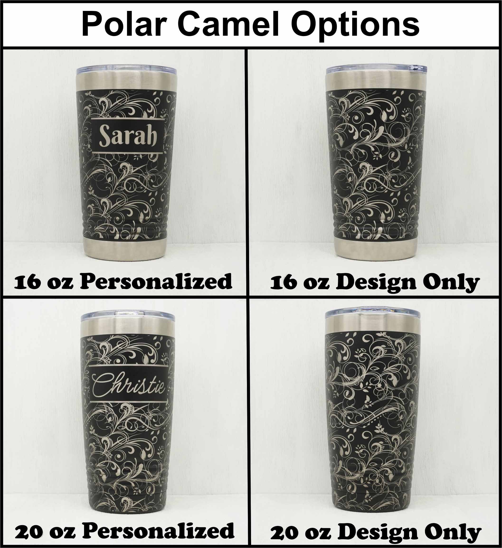 Laser Engraved YETI® or Polar Camel Tumbler with Flourish Wrap-Around Design