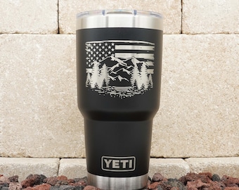 Laser Engraved YETI® or Polar Camel Tumbler - Mountains with American Flag Outdoors Scene