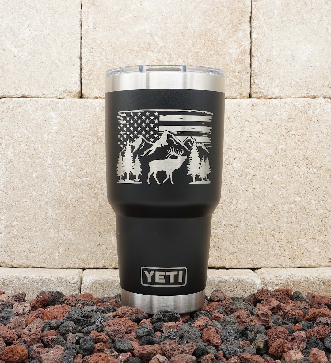 Laser Engraved YETI® or Polar Camel Tumbler - Elk With American