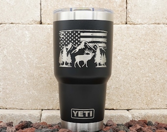 Laser Engraved YETI® or Polar Camel Tumbler - Elk with American Flag Outdoors Scene