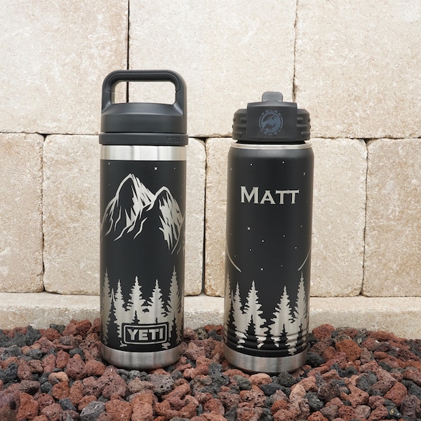 Laser Engraved Mountain Scene Water Bottle: YETI® or Polar Camel