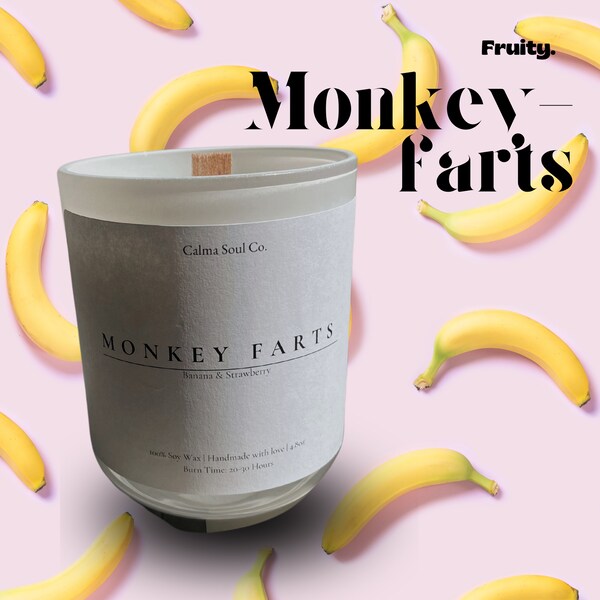 Monkey Farts Fruity Soy Wax Candle, Aventurine Chips, Wooden Wick - Minimalist Aromatherapy, 100% Natural, Unique Fragrance for Home Bliss