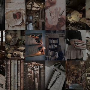 May include: A collage of images featuring books, libraries, and old paper documents. The images are in a dark, vintage aesthetic with a focus on the beauty of old books and libraries.