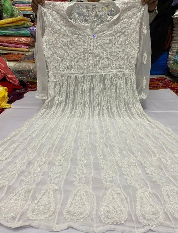Off white lucknowi chikankari dress with georgette bijiya work dupatta -  set of two by Chokhi Bandhani | The Secret Label