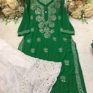 Chikankari Women Green Kurta and White Palazzo Set,Beautiful Indian Style Keele Kangan Design kurti Palazzo and Inner,Summer Dress Set