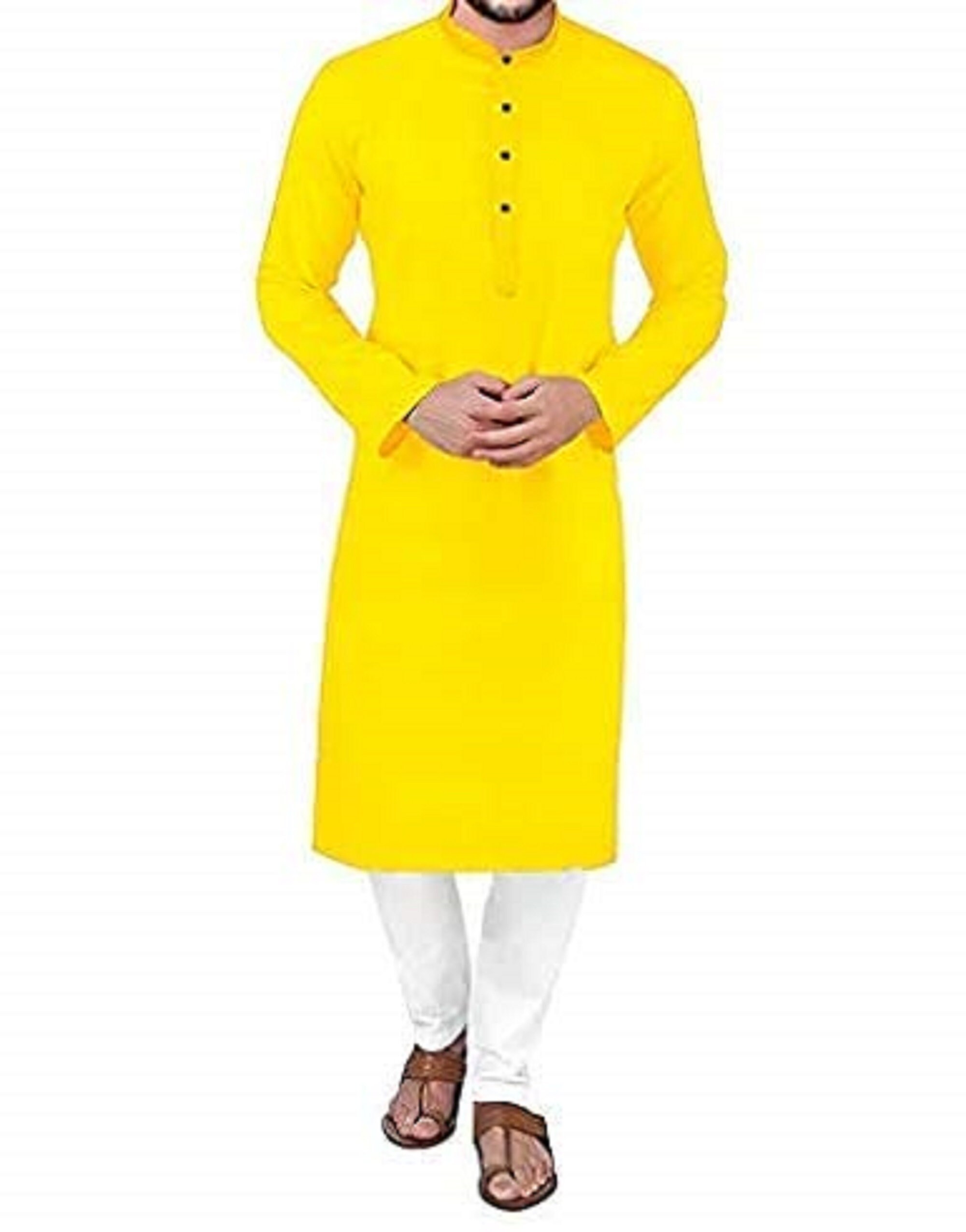 Yellow Kurta and White Pajama Set for Men Free Shipping beautiful