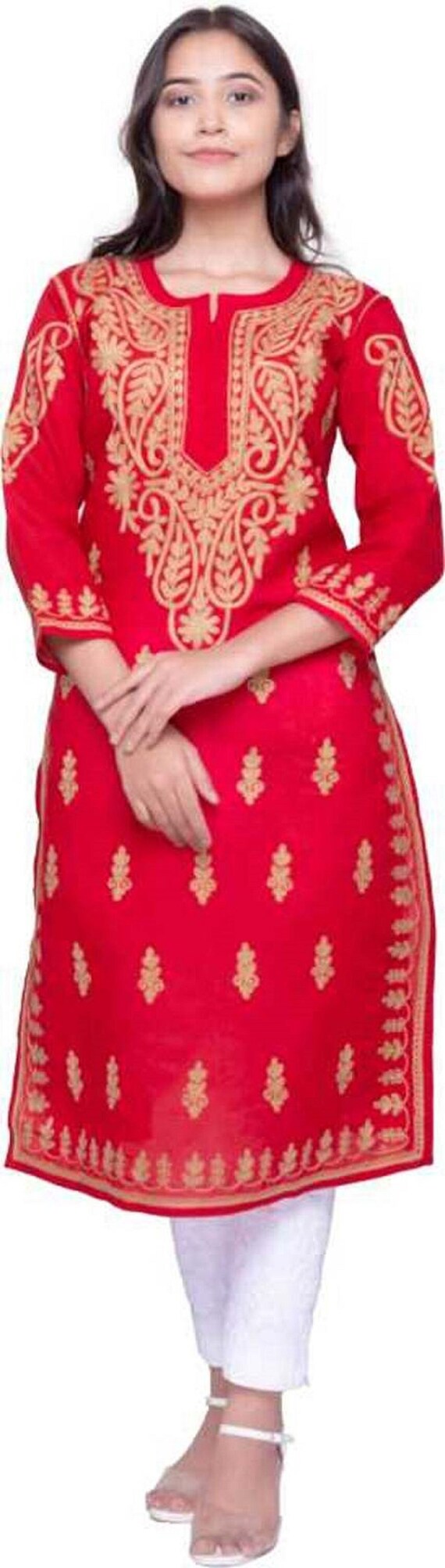 Ada Lucknow Chikan Handmade Womens Faux Georgette Kurti Kurta  (A392886_Black)