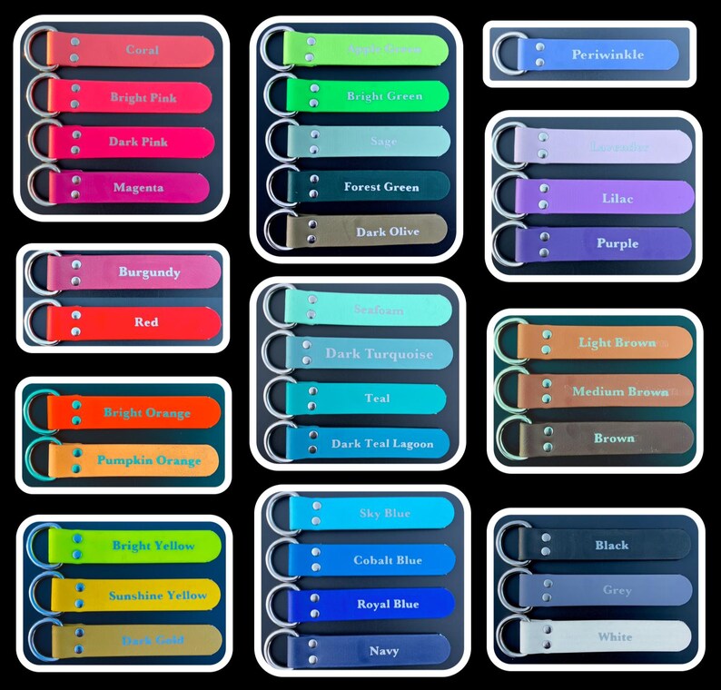 Peut inclure: Un ensemble de 24 porte-cl&eacute;s en cuir de diff&eacute;rentes couleurs et noms. Les porte-cl&eacute;s sont dispos&eacute;s en quatre rang&eacute;es de six porte-cl&eacute;s chacune. Les couleurs comprennent le corail, le rose vif, le rose fonc&eacute;, le magenta, le bordeaux, le rouge, l'orange vif, l'orange citrouille, le jaune vif, le jaune soleil, le brun fonc&eacute;, le bleu ciel, le bleu cobalt, le bleu royal, le marine, le bleu periwinkle, le lilas, le violet, le brun clair, le brun moyen, le brun, le noir, le gris et le blanc.