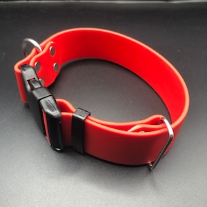 May include: Red rubber dog collar with a black buckle and silver hardware.