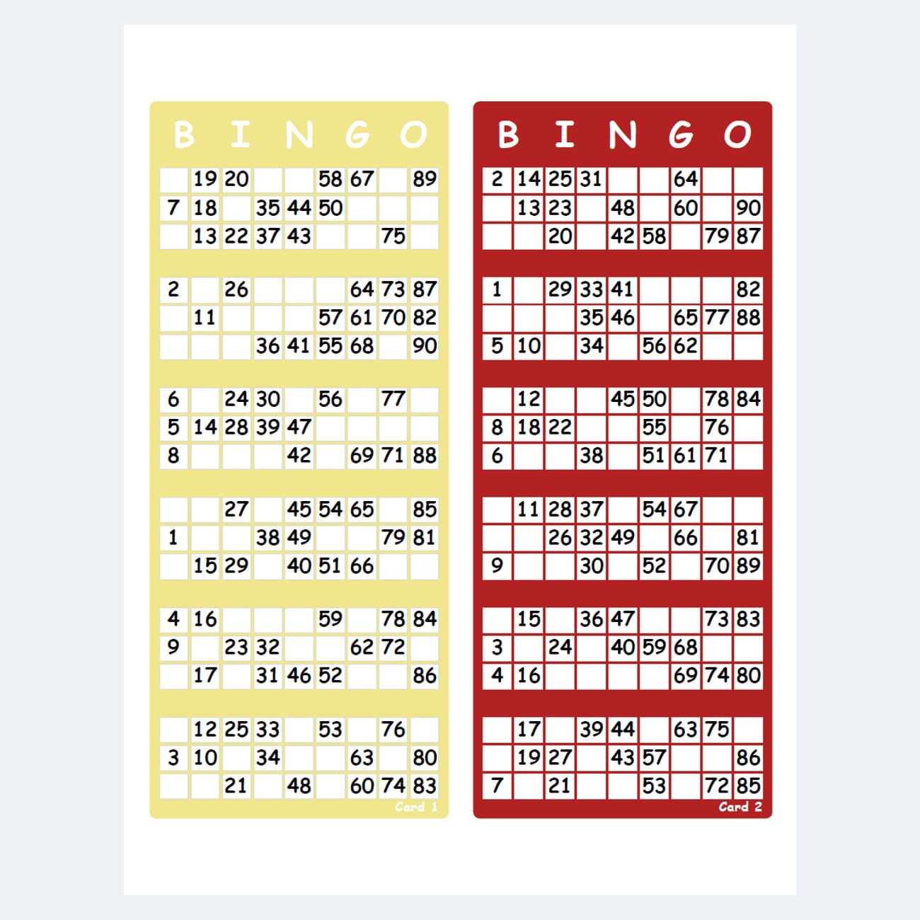 Printable Colour UK Style 1 90 Bingo Ticket Cards 2 Per Page Etsy Canada