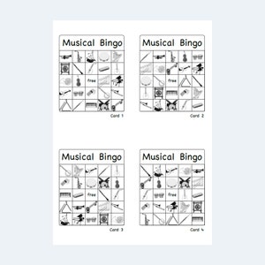 May include: Four black and white Musical Bingo cards. Each card features a grid of musical instruments, including a piano, trumpet, and drum set. The words "Musical Bingo" are at the top of each card, with "Card 1", "Card 2", "Card 3", and "Card 4" at the bottom.