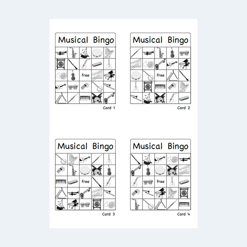 May include: Four black and white Musical Bingo cards. Each card features a grid of musical instruments, including a piano, trumpet, and drum set. The words "Musical Bingo" are at the top of each card, with "Card 1", "Card 2", "Card 3", and "Card 4" at the bottom.
