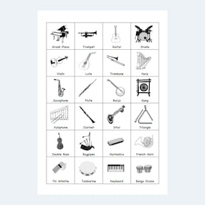 May include: Black and white illustration of various musical instruments, including a grand piano, trumpet, guitar, drums, violin, lute, trombone, harp, saxophone, flute, banjo, gong, xylophone, clarinet, sitar, triangle, double bass, bagpipes, harmonica, French horn, tin whistle, tambourine, keyboard, and bongo drums.