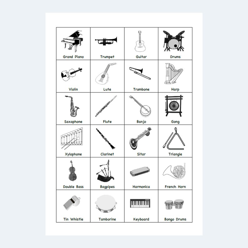 Printable Picture Bingo Cards musical Instruments 4 per Etsy