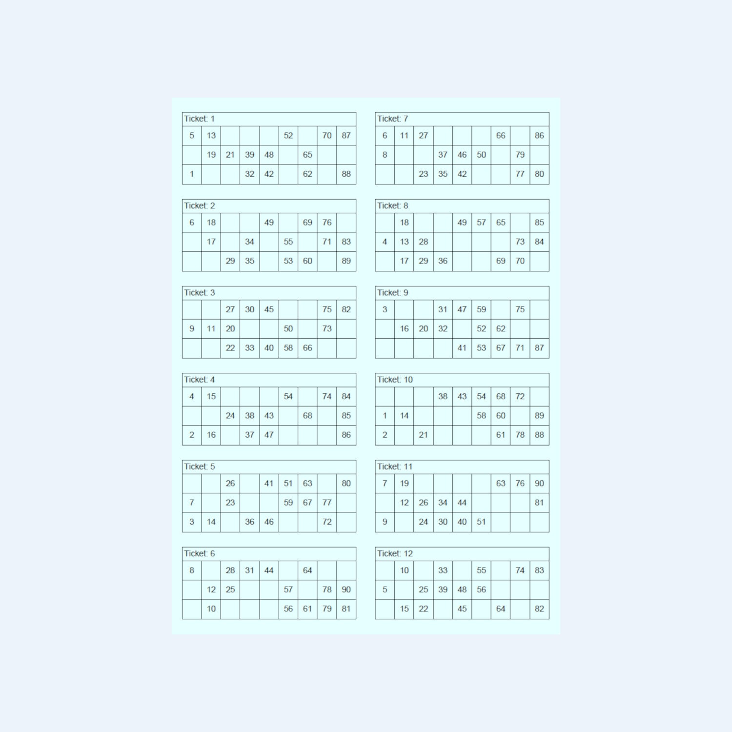 Tambola Tickets – 1 to 90 Printable Tambola Bingo Cards – 500 pages with 12 Tickets per page – 6000 Tambola Tickets - Digital Download