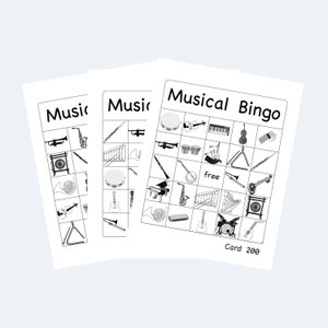 Wydrukowane karty bingo z obrazkami „Instrumenty muzyczne” – 4 na stronę