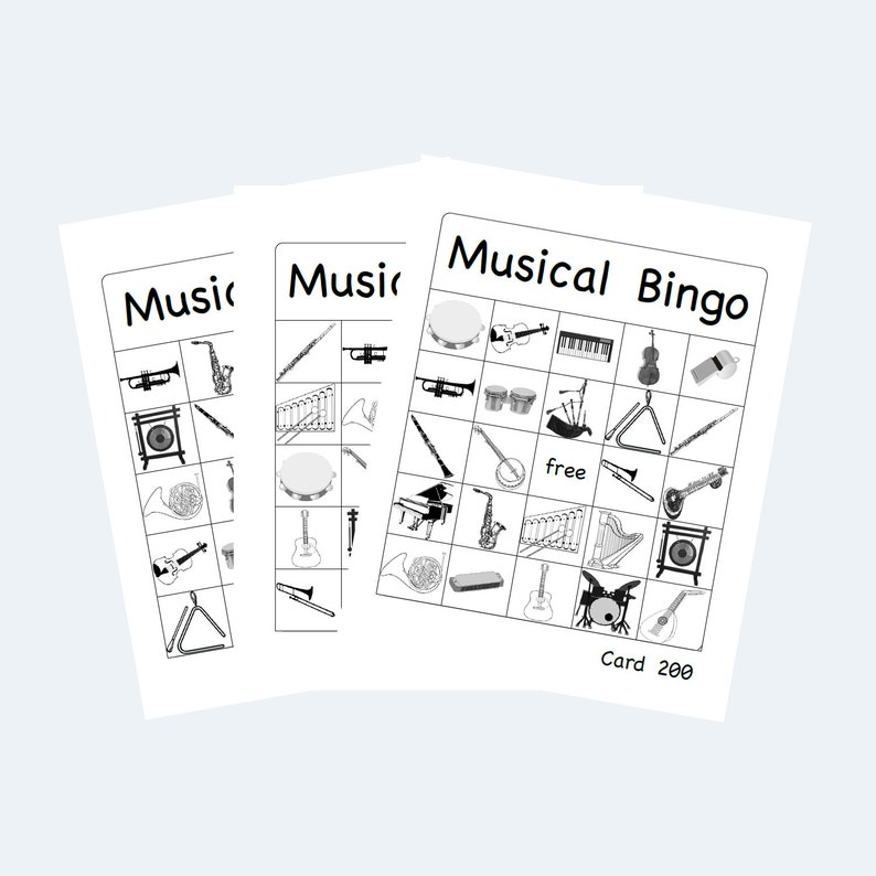 May include: Three white Musical Bingo cards with black illustrations of musical instruments. The cards are titled "Musical Bingo" with the text "free" and "Card 200" visible. Instruments include a piano, guitar, and saxophone.