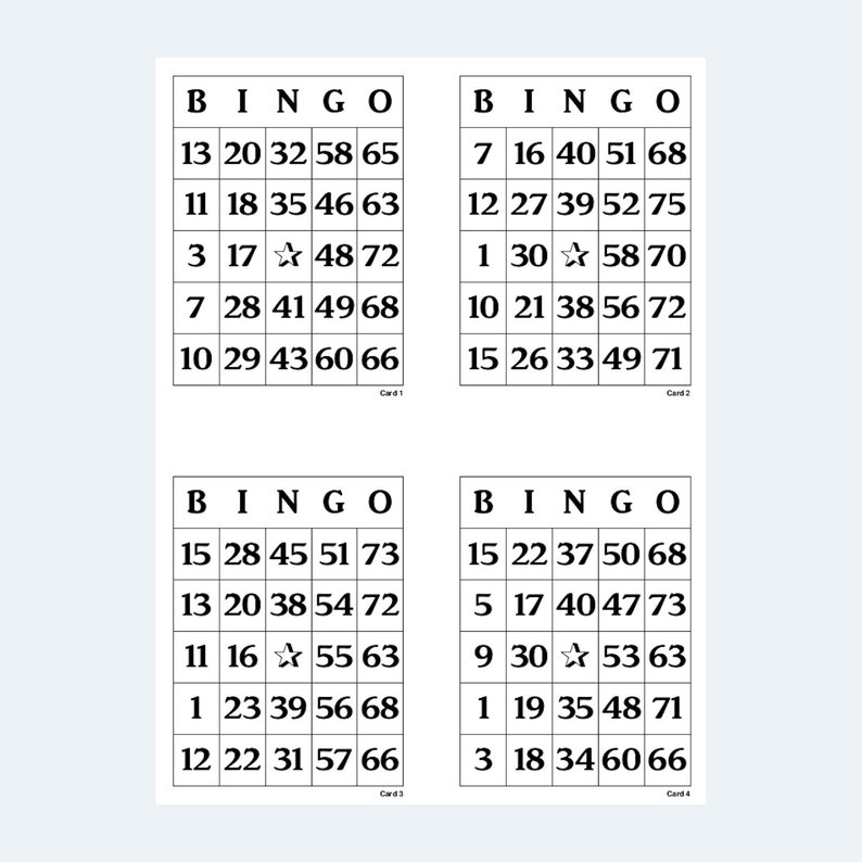 Bingo Cards 1 to 75 Bingo Cards Printable 4 per Page 1000 Cards