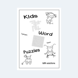 May include: Black and white illustration of a book cover with the title "Kids Word Puzzles" and the text "With solutions". The cover features a crossword puzzle, a word search, and stick figure drawings of a girl jumping and a dog pulling a wagon.