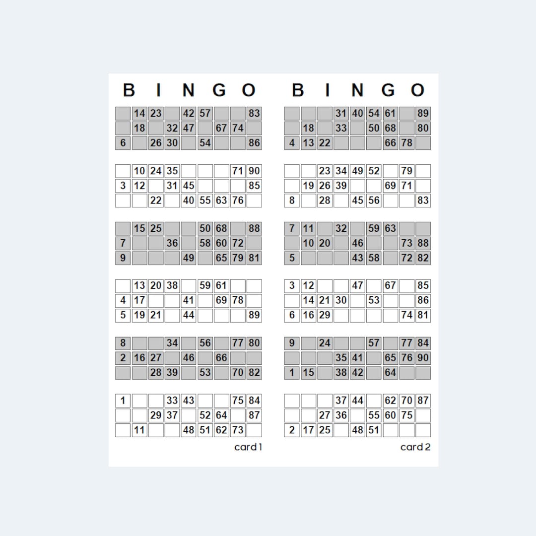uk style 1-90 bingo ticket cards, 2 per page – 1000 cards / 500