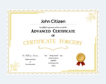 May include: A gold certificate with a decorative border and a gold seal. The certificate reads "Advanced Certificate of Certificate Forgery" and is awarded to "John Citizen" on the Twenty Second Day of September 2023 by the Callisto Institute of Circumlocution.