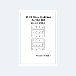 Puede incluir: Una imagen en blanco y negro de dos rompecabezas de Sudoku con el texto "1000 Easy Sudokus Jumbo Set 2 Per Page" y "with solutions".