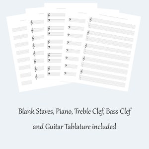 Music Sheets, printable blank music sheets, 5 sheets included; piano, bass, treble, guitar tablature and blank staff sheets included