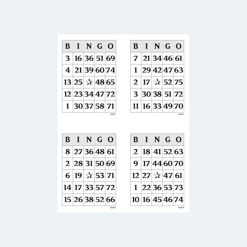 Printable Bingo Cards 4 per Page Etsy