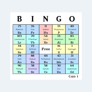 Bingokaarten – periodiek systeem nieuwigheid bingokaarten – afdrukbare bingokaarten – 2 per pagina – 500 pagina's – 1000 kaarten – afdrukbare digitale download