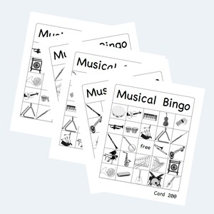 May include: Four white sheets of Musical Bingo cards. Each card features a grid of musical instruments, including a piano, drums, and a saxophone. The words "Musical Bingo" are printed at the top of the card. The card number is 200.