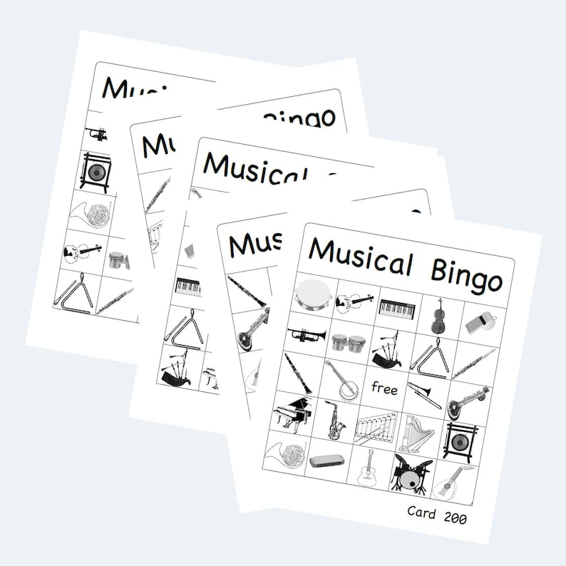 May include: Four white sheets of Musical Bingo cards. Each card features a grid of musical instruments, including a piano, drums, and a saxophone. The words "Musical Bingo" are printed at the top of the card. The card number is 200.