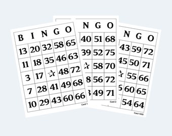 Tarjetas de bingo: de 1 a 75 tarjetas de bingo - Imprimibles - 4 por página - 1000 tarjetas