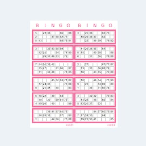 Tarjetas de bingo del 1 al 90 en estilo británico para imprimir (2 por página, 500 páginas, 1000 tarjetas) ¡Precioso en rosa! - Descarga en formato PDF para imprimir