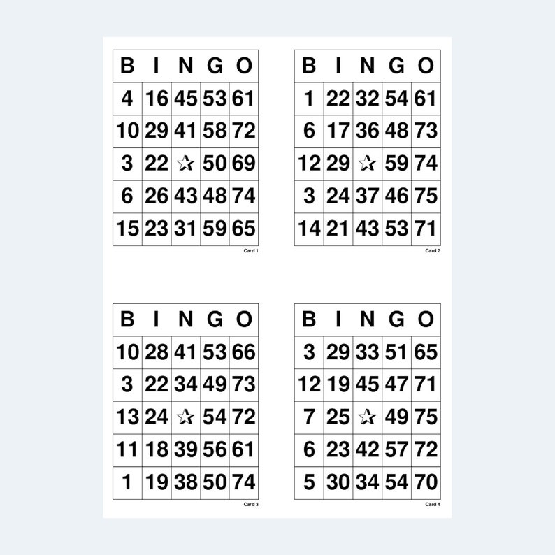 Bingo Cards Printable 1 to 75 Bingo Cards 4 per Page 1000 Cards