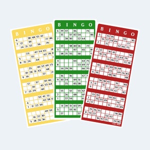 Cartões de Bingo Coloridos Estilo Reino Unido para Impressão 1-90, 2 Cartões por Página, 500 páginas / 1000 cartões