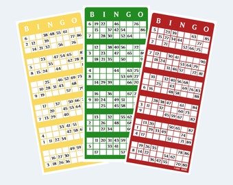 Printable UK Style 1-90 Colour Bingo Ticket Cards, 2 Cards Per Page, 500 pages / 1000 cards