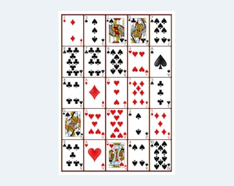 May include: A standard deck of playing cards arranged in a grid pattern on a brown background. The cards are face up and show the suits of hearts, diamonds, clubs, and spades.