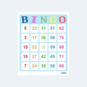 Bingokaarten: 1 tot 75 gekleurde bingokaarten, 2 per pagina – 500 pagina's / 1000 kaarten – afdrukbare download