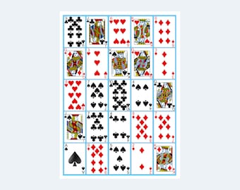 May include: A standard deck of playing cards arranged in a grid pattern. The cards are face up and show the suits of hearts, diamonds, clubs, and spades. The numbers 2 through 10, Jack, Queen, King, and Ace are visible.