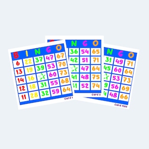Puede incluir: Tres tarjetas de bingo azules con números y una estrella en el cuadrado central. Las tarjetas están etiquetadas como "Tarjeta 1", "Tarjeta 2" y "Tarjeta 1500".