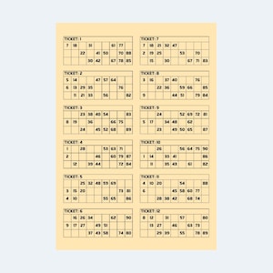 Tambola Tickets – 1 to 90 Printable Tambola Bingo Cards – 500 pages with 12 Tickets per page – 6000 Tambola Tickets - Digital Download