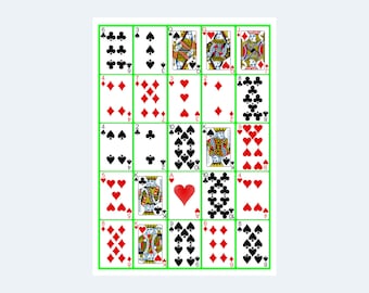 May include: A standard deck of playing cards arranged in a grid pattern. The cards are face up and show the suits of hearts, diamonds, clubs, and spades. The numbers 2 through 10, Jack, Queen, King, and Ace are visible.